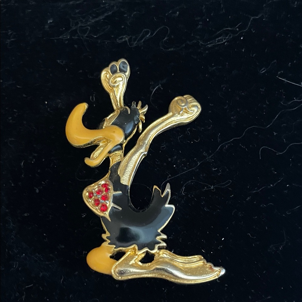 Daffy Duck Gold Tone Black Duck Brooch with Red Accent